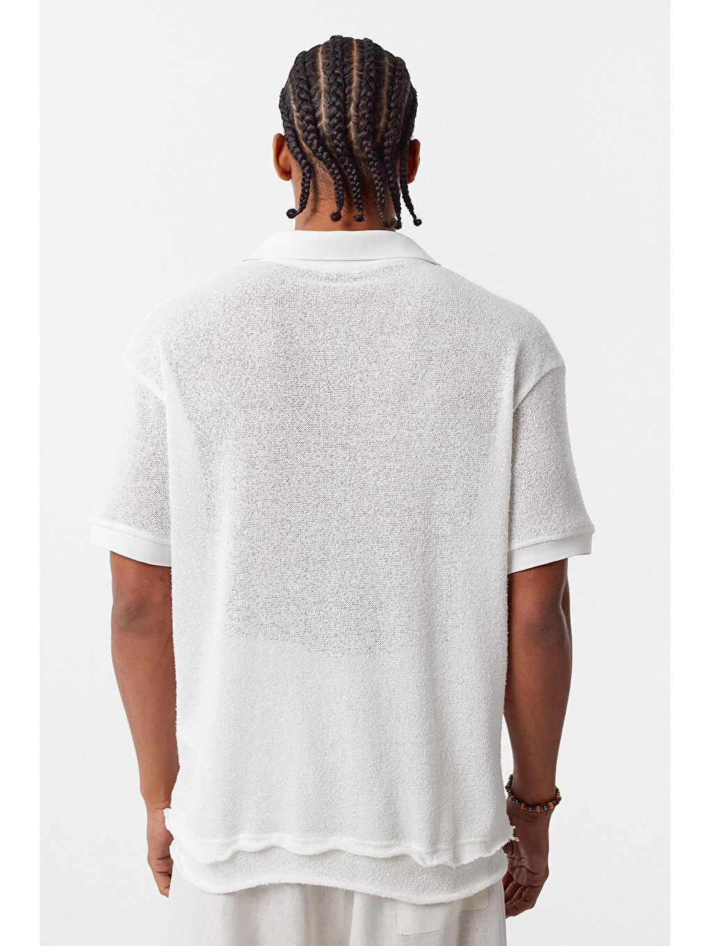 Polo Yaka Triko Oversize Tişört Ekru-3