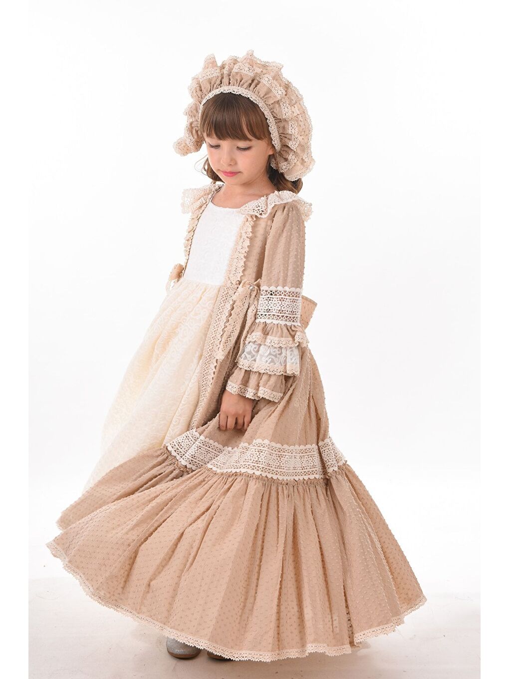 Bej Özel Tasarım Vintage Kız Çocuk Elbise, Saç Aksesuarlı Kız Çocuk Abiye Elbise, Uzun Çocuk Elbise_M220-4