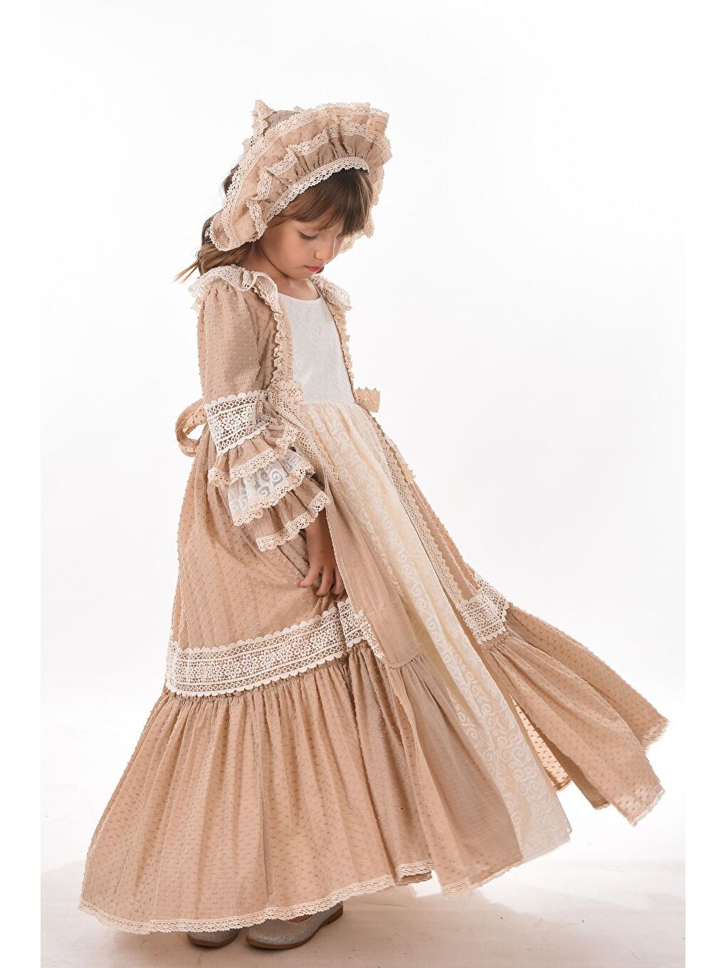 Bej Özel Tasarım Vintage Kız Çocuk Elbise, Saç Aksesuarlı Kız Çocuk Abiye Elbise, Uzun Çocuk Elbise_M220-5