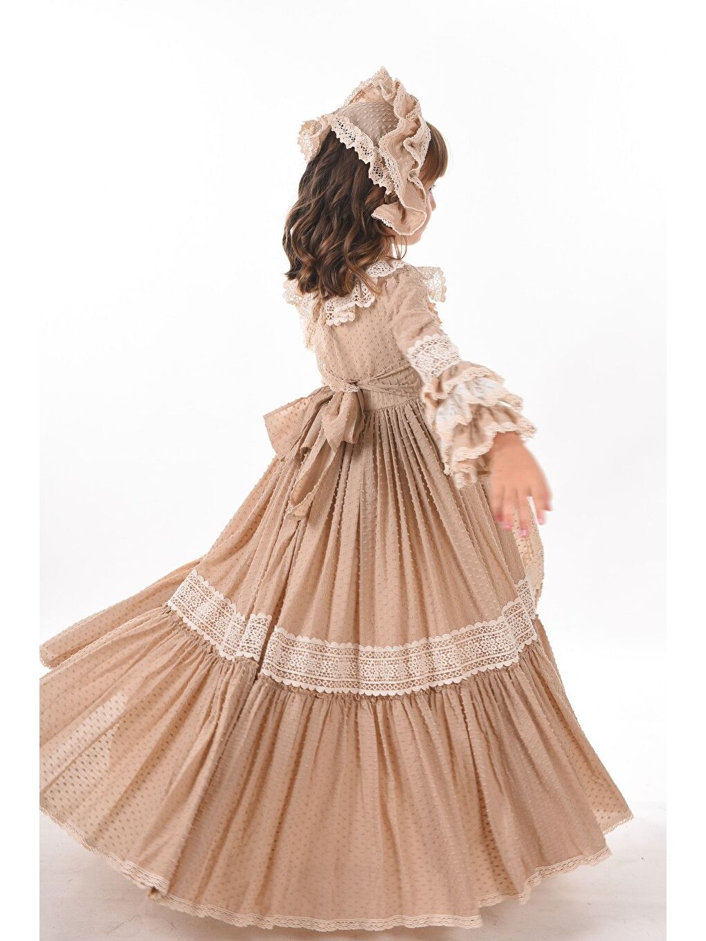 Bej Özel Tasarım Vintage Kız Çocuk Elbise, Saç Aksesuarlı Kız Çocuk Abiye Elbise, Uzun Çocuk Elbise_M220-6