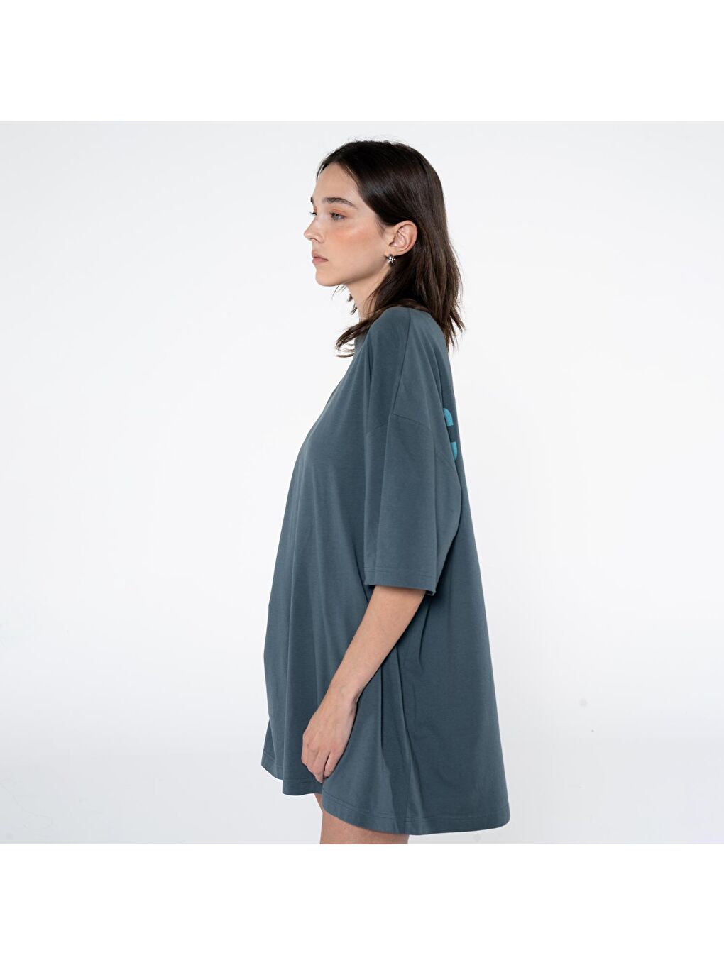 Ness Kadın Petrol %100 Pamuk Bisiklet Yaka Ekstra Oversize Tişört-2