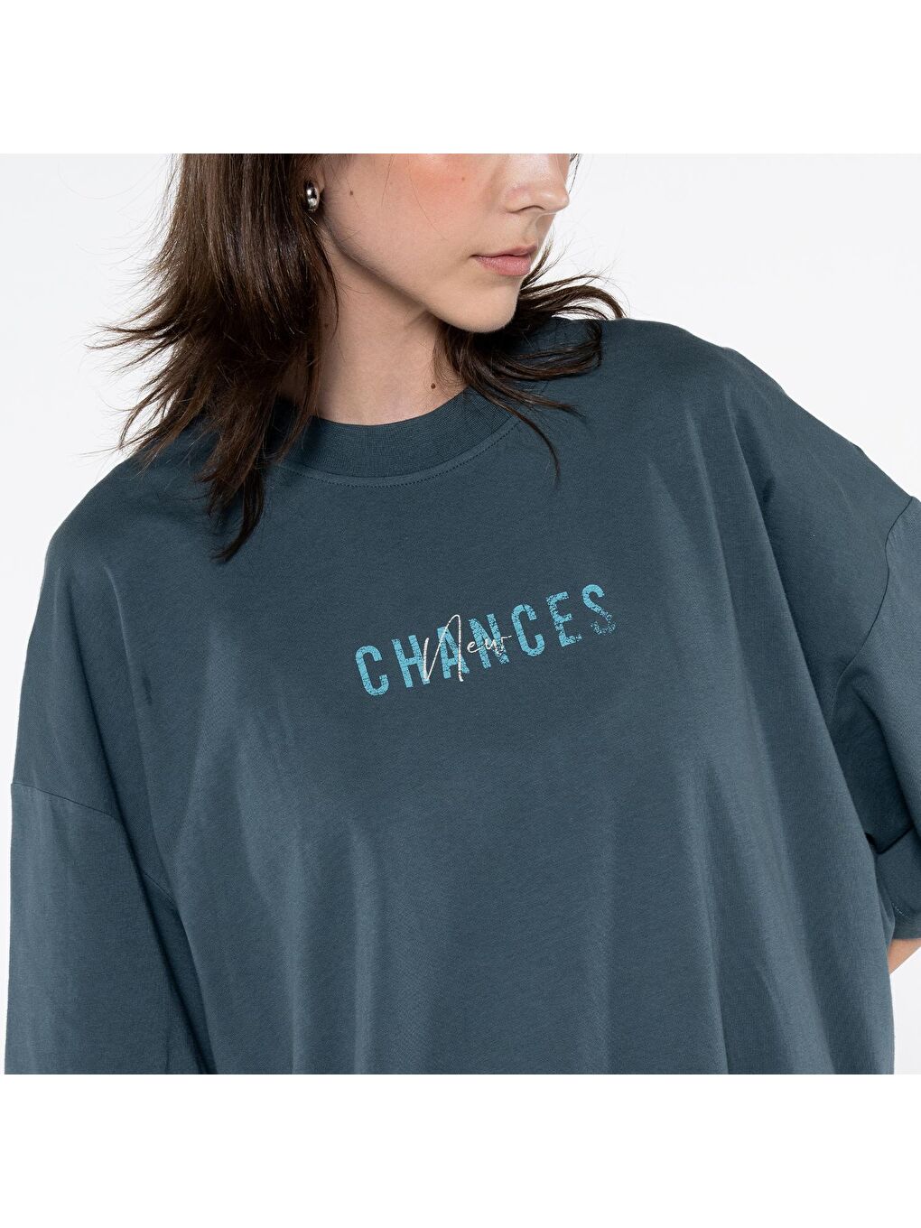 Ness Kadın Petrol %100 Pamuk Bisiklet Yaka Ekstra Oversize Tişört-3