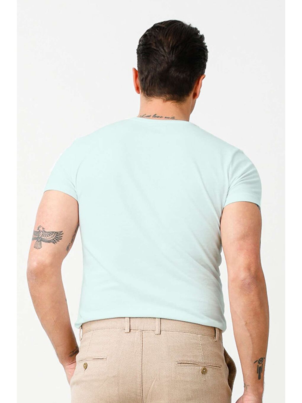 Yeşil Açık Mavi Dar Kalıp Bisiklet Yaka Düz Kısa Kollu  %100 Pamuk Tişört-1