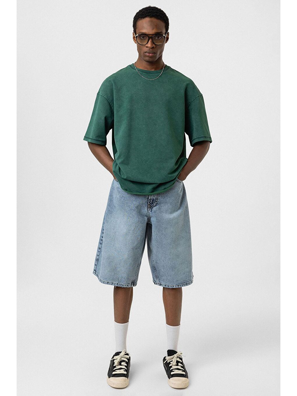 Yeşil Yıkamalı Basic Oversize Tişört Nefti