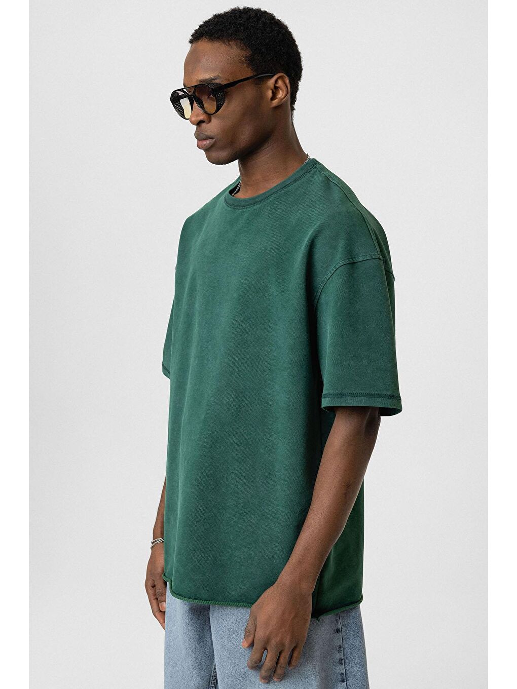 Yeşil Yıkamalı Basic Oversize Tişört Nefti-3