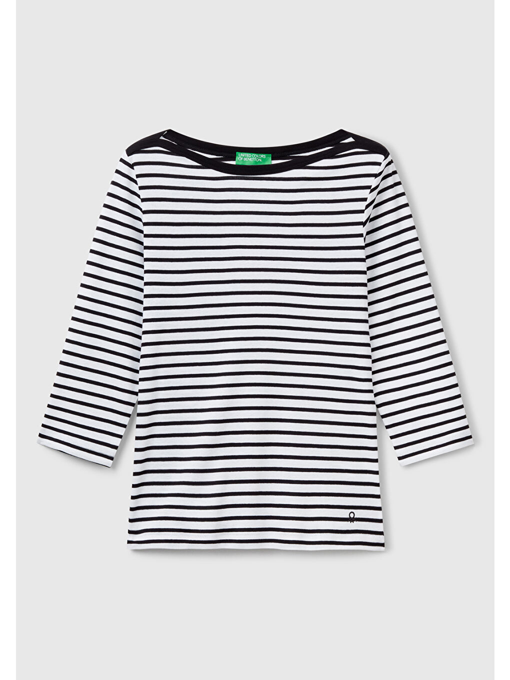 Beyaz Kadın %100 Pamuk Çizgili Logolu Kayık Yaka Truvakar Kol Tişört-1