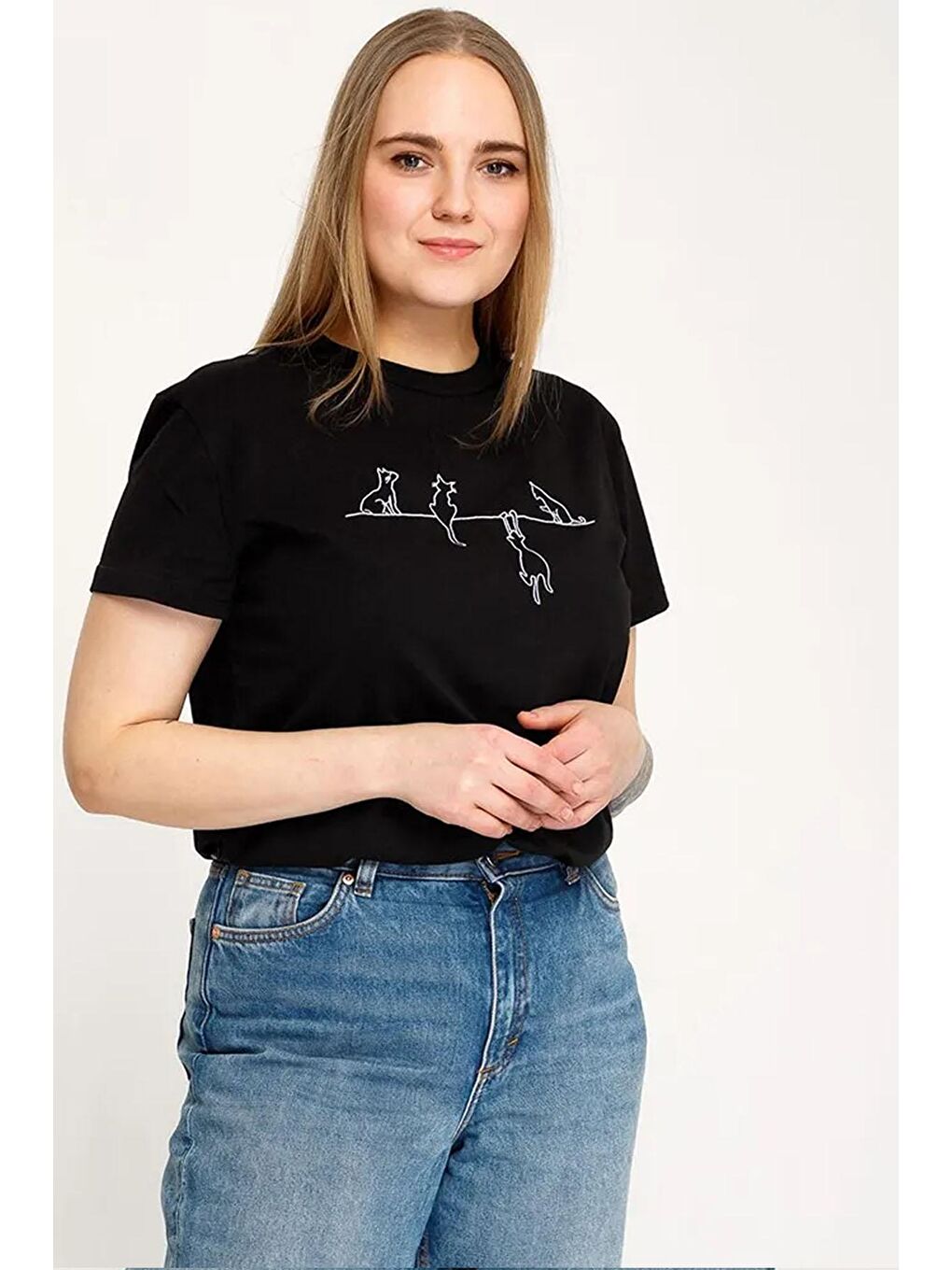 uyguntarz Siyah Unisex Kedi Baskılı Oversize Tshirt - 1