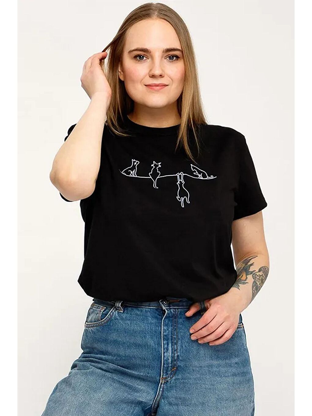 uyguntarz Siyah Unisex Kedi Baskılı Oversize Tshirt - 2