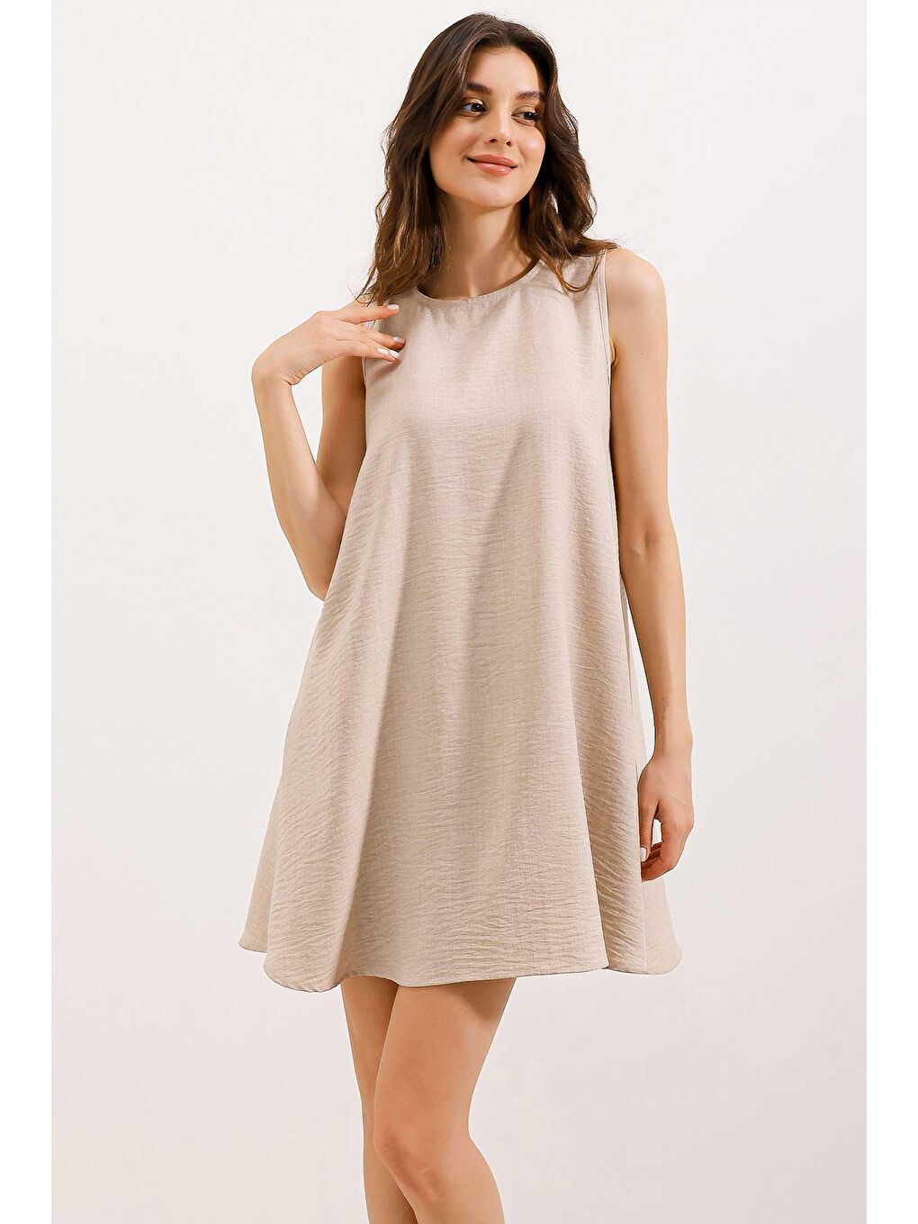 2444 Mini Keten Elbise - Bej