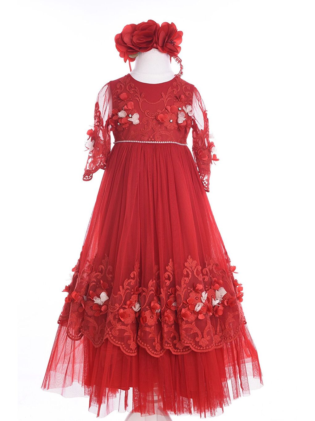 Kırmızı, Dantel Ve Çiçek Işlemeli, Taçlı, Özel Tasarım Kız Çocuk Abiye Elbise_M18128