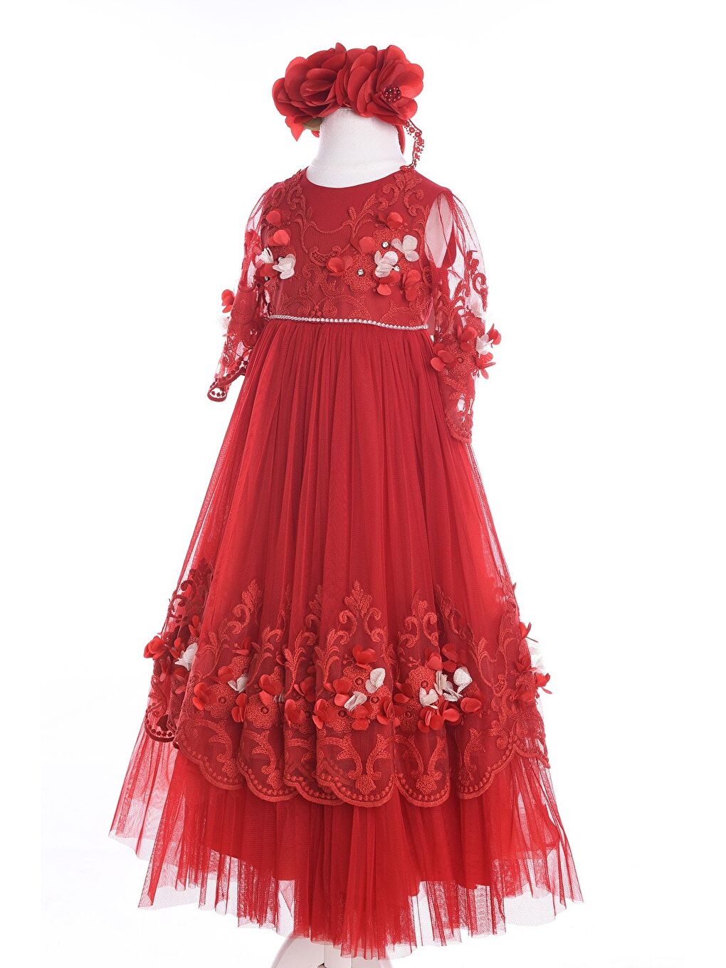 Kırmızı, Dantel Ve Çiçek Işlemeli, Taçlı, Özel Tasarım Kız Çocuk Abiye Elbise_M18128-1