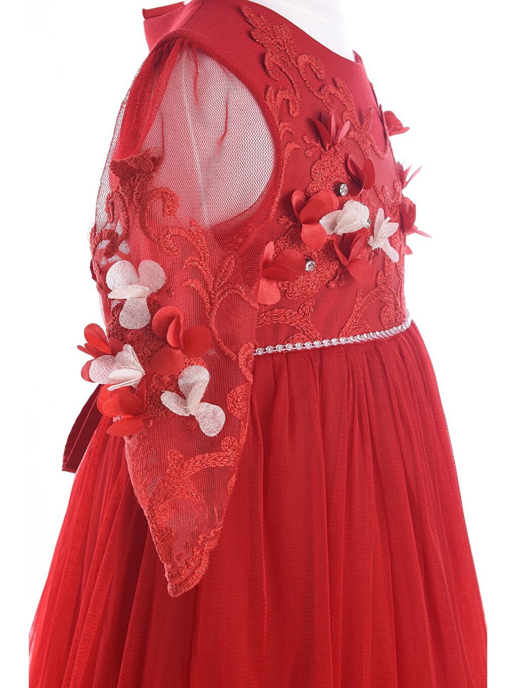 Kırmızı, Dantel Ve Çiçek Işlemeli, Taçlı, Özel Tasarım Kız Çocuk Abiye Elbise_M18128-2
