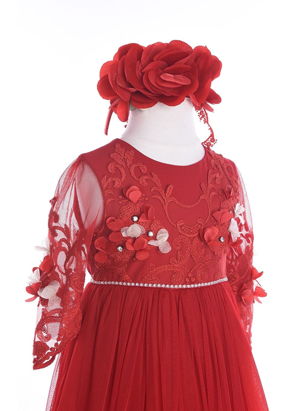 Kırmızı, Dantel Ve Çiçek Işlemeli, Taçlı, Özel Tasarım Kız Çocuk Abiye Elbise_M18128-3