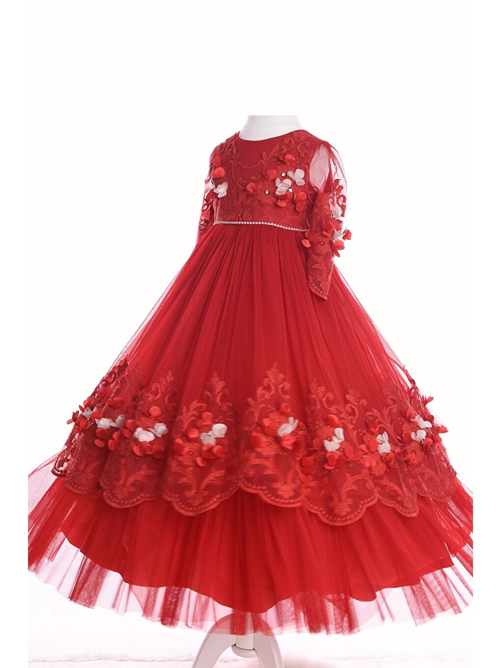 Kırmızı, Dantel Ve Çiçek Işlemeli, Taçlı, Özel Tasarım Kız Çocuk Abiye Elbise_M18128-4