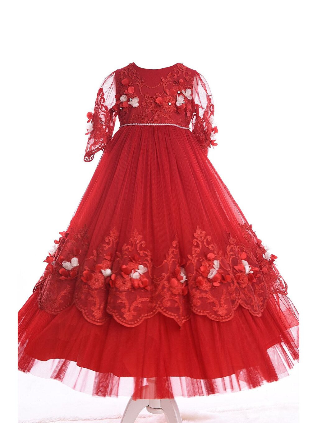 Kırmızı, Dantel Ve Çiçek Işlemeli, Taçlı, Özel Tasarım Kız Çocuk Abiye Elbise_M18128-5