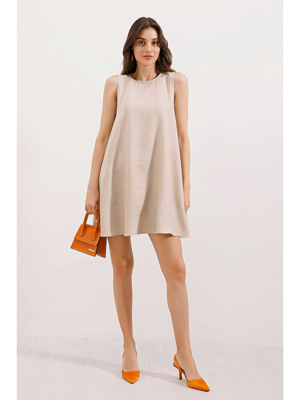 2444 Mini Keten Elbise - Bej-1