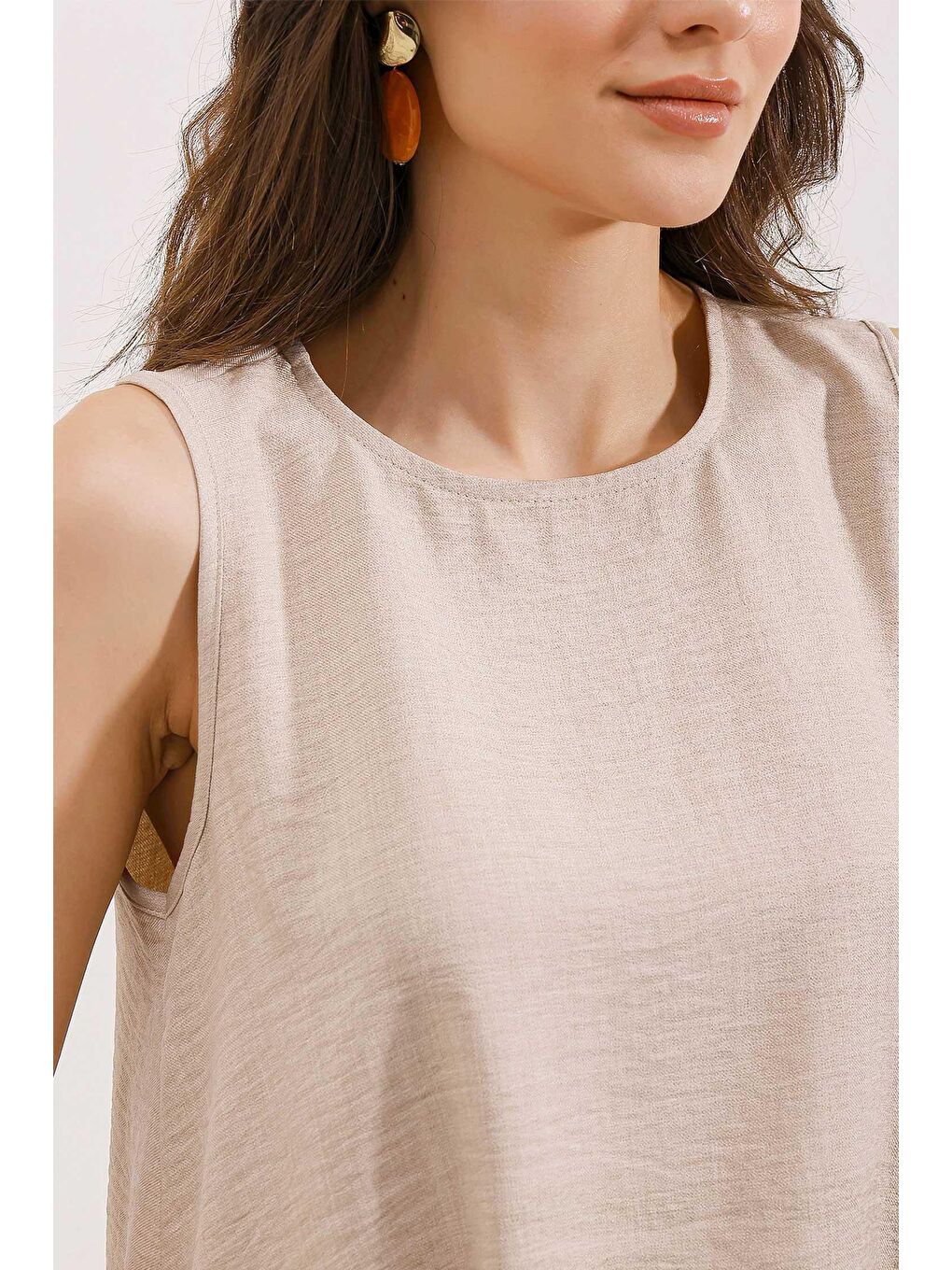 2444 Mini Keten Elbise - Bej-2