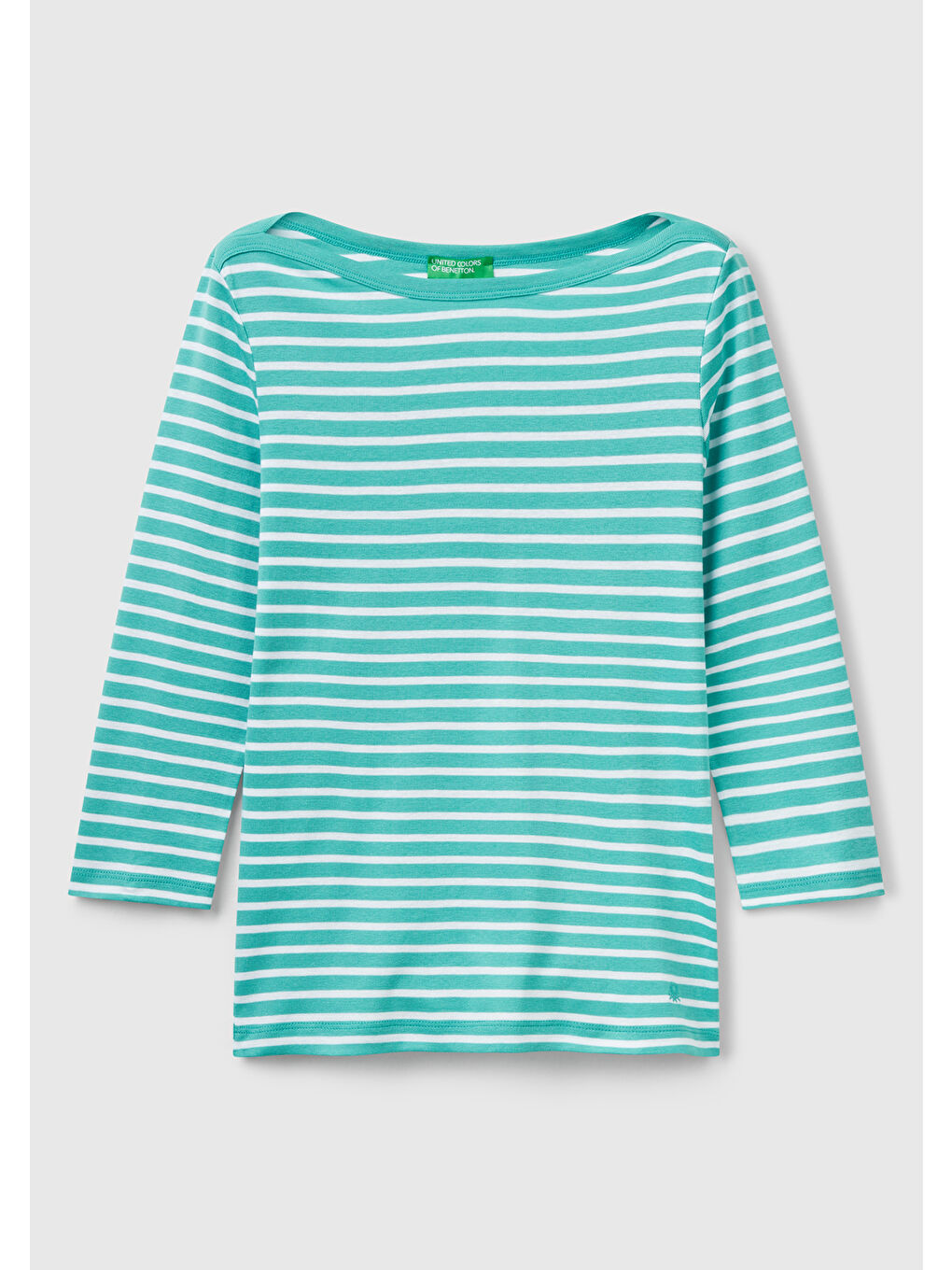 Mavi Kadın %100 Pamuk Çizgili Logolu Kayık Yaka Truvakar Kol Tişört-1