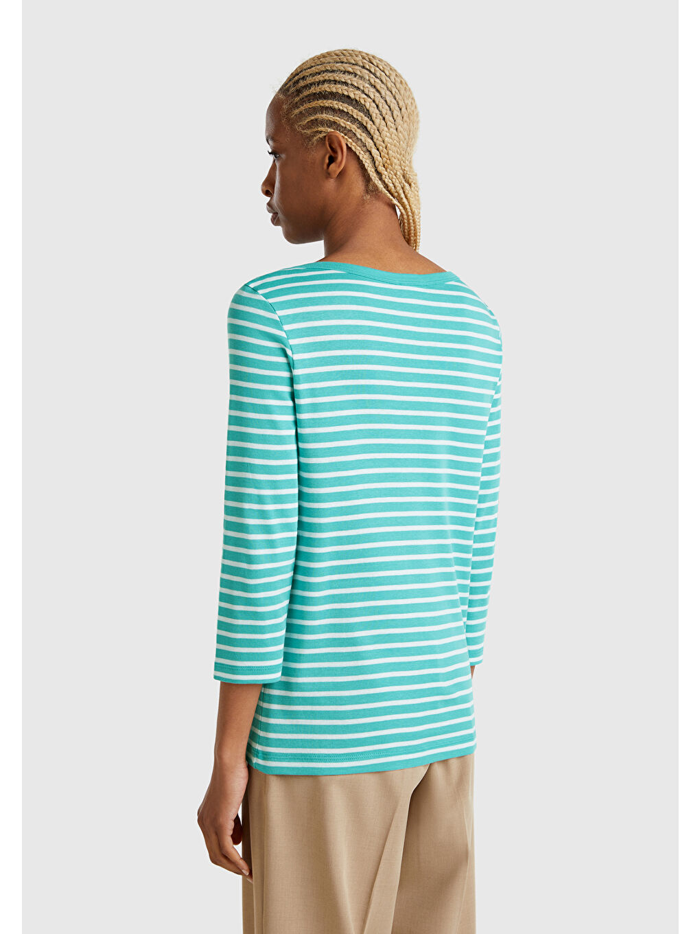 Mavi Kadın %100 Pamuk Çizgili Logolu Kayık Yaka Truvakar Kol Tişört-2