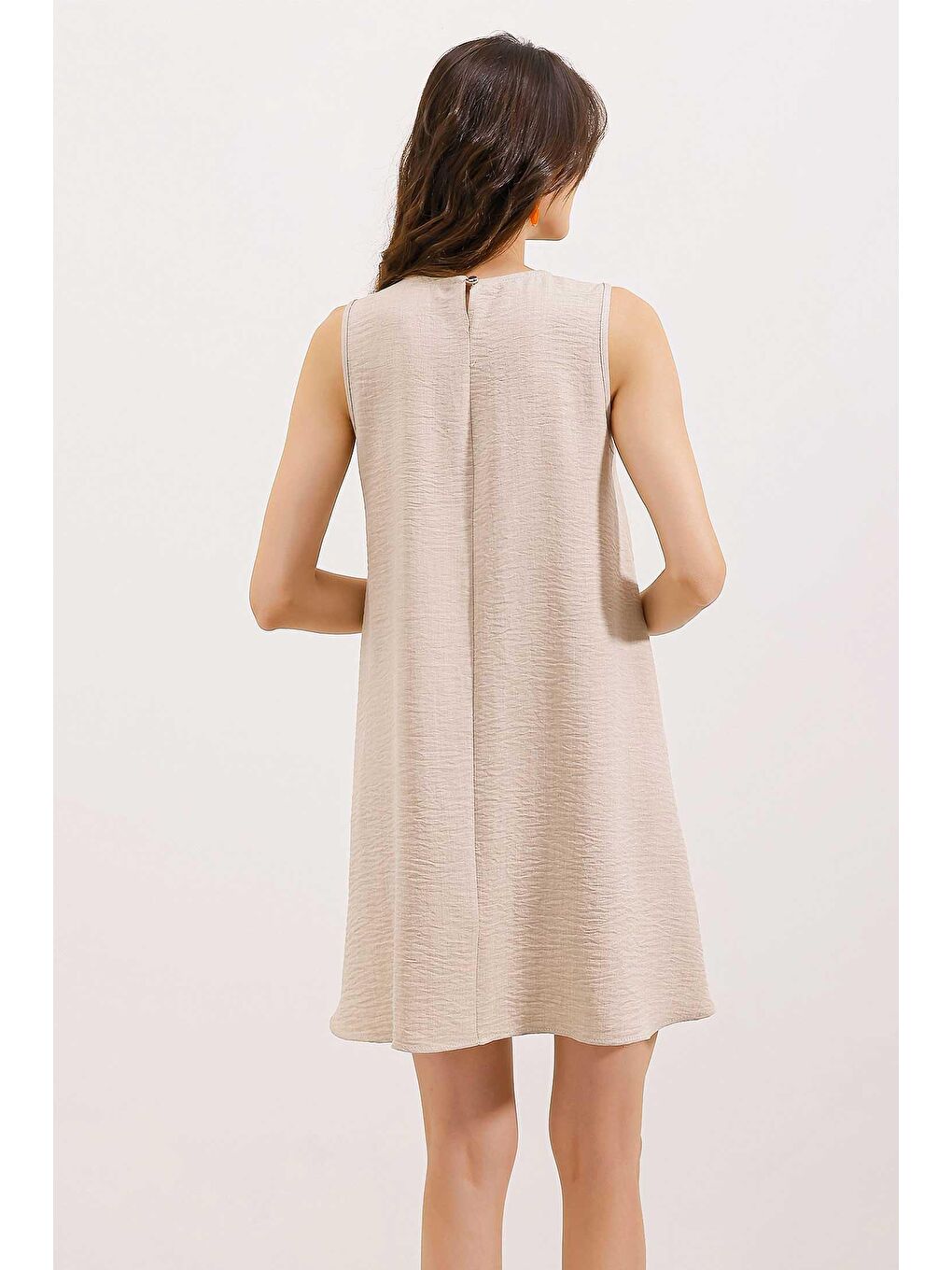 2444 Mini Keten Elbise - Bej-3