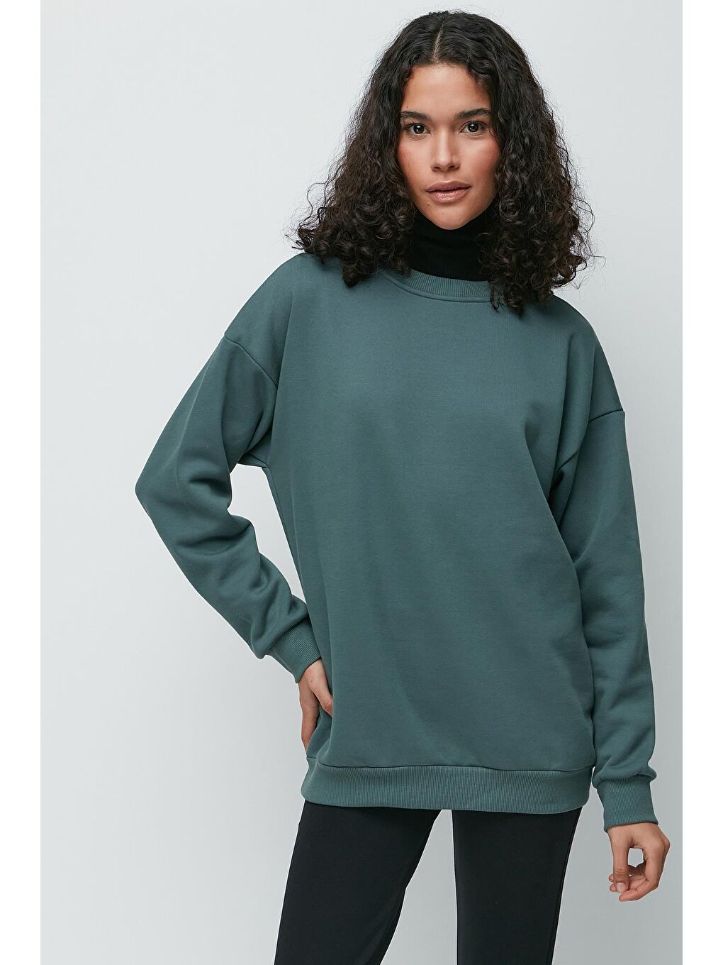 C&City Yeşil Oversize Basic Bisiklet Yaka Kalın Sweatshirt 951 Yeşil - 1