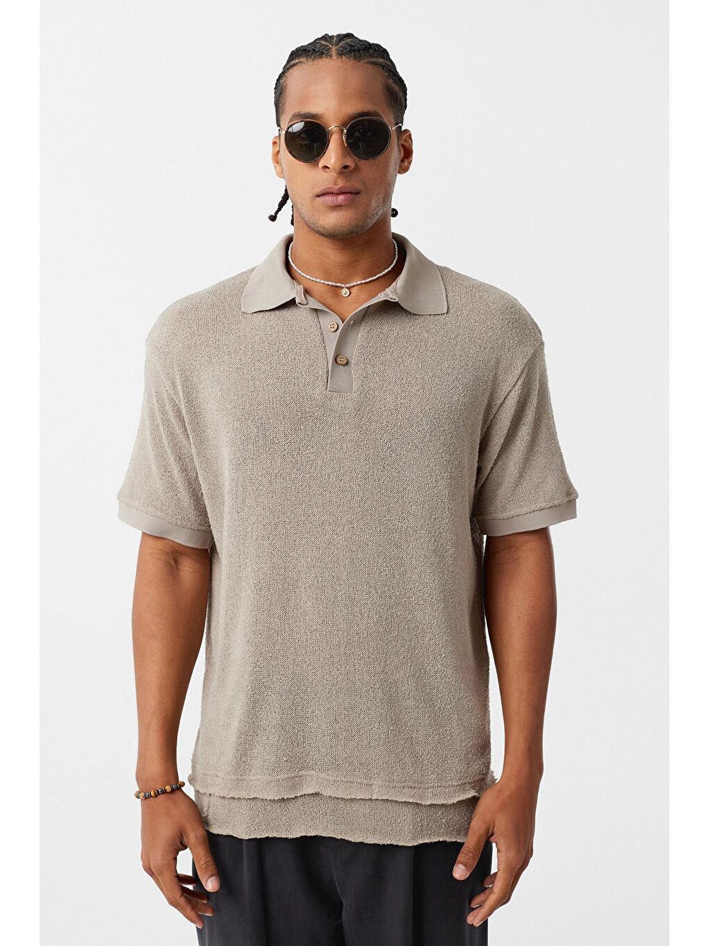 Bej Polo Yaka Triko Oversize Tişört Taş-1