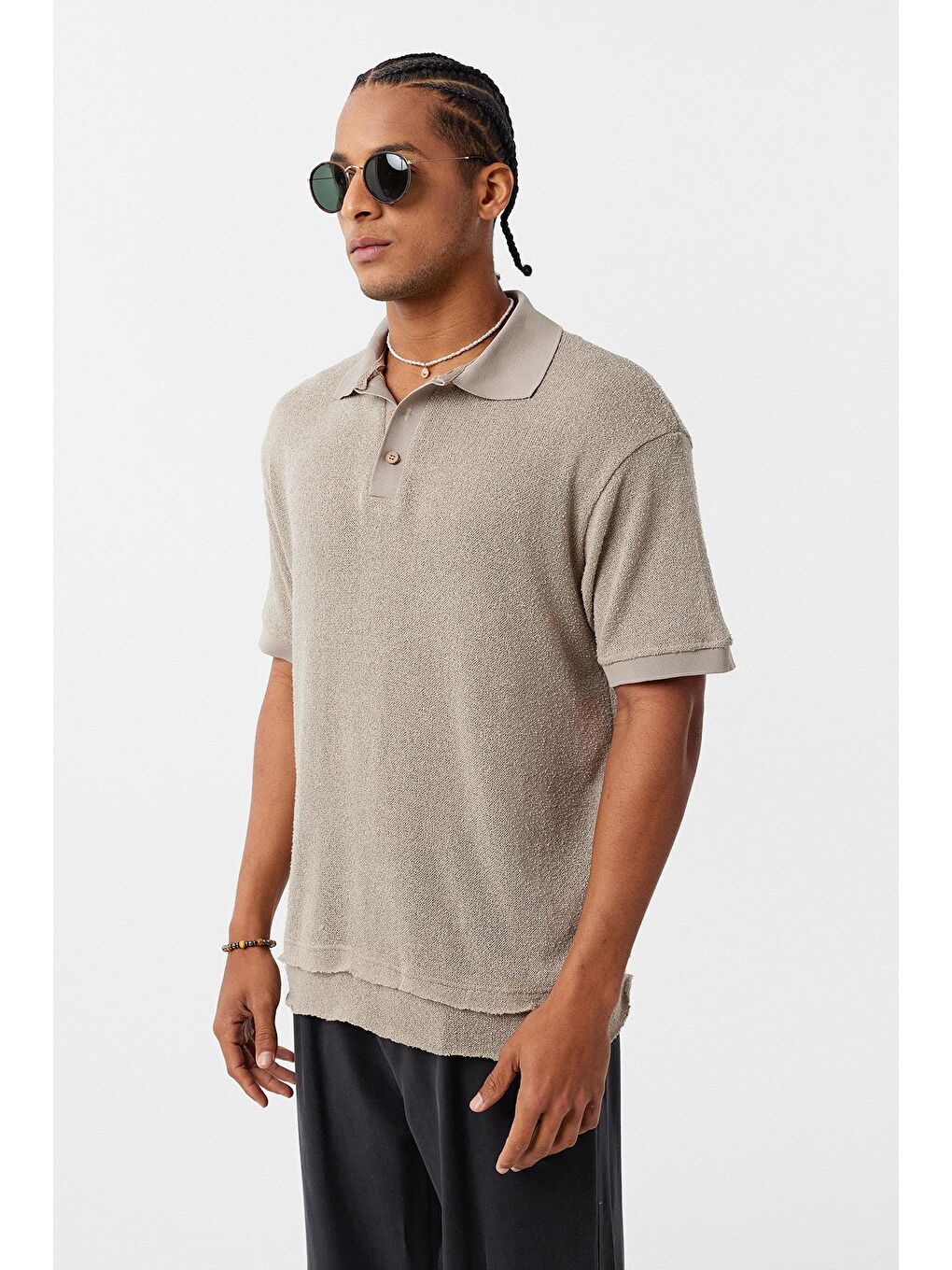 Bej Polo Yaka Triko Oversize Tişört Taş-2