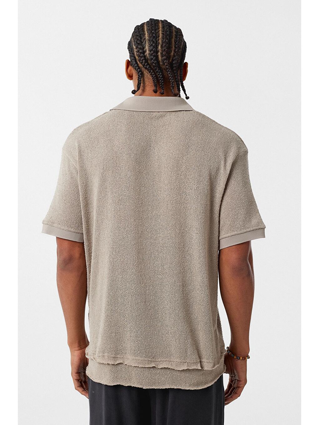 Bej Polo Yaka Triko Oversize Tişört Taş-3