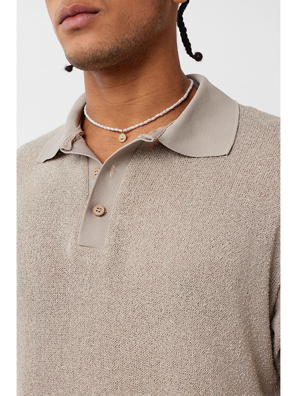 Bej Polo Yaka Triko Oversize Tişört Taş-4