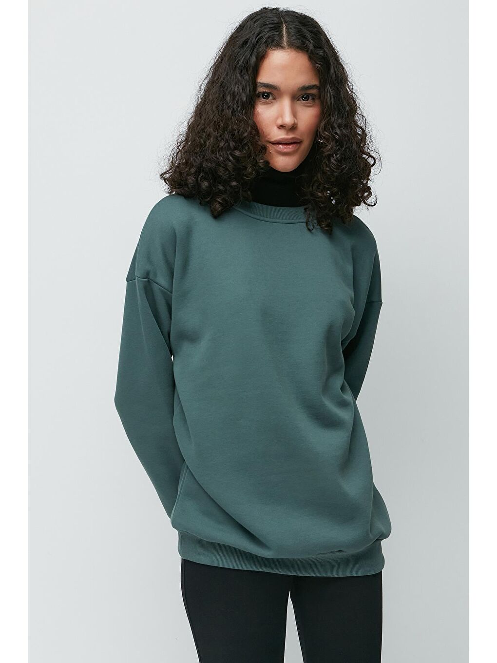 C&City Yeşil Oversize Basic Bisiklet Yaka Kalın Sweatshirt 951 Yeşil - 3