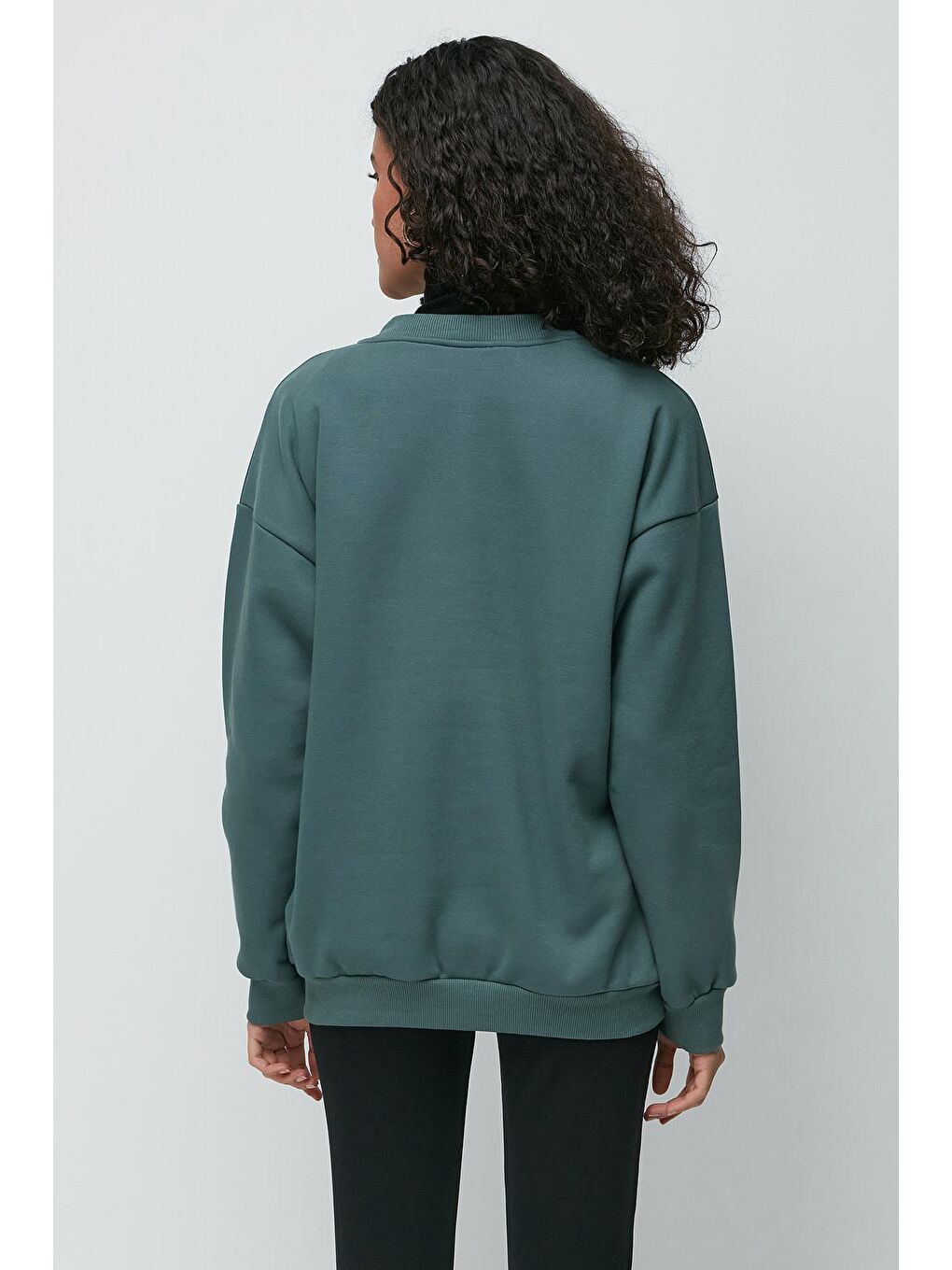 C&City Yeşil Oversize Basic Bisiklet Yaka Kalın Sweatshirt 951 Yeşil - 4