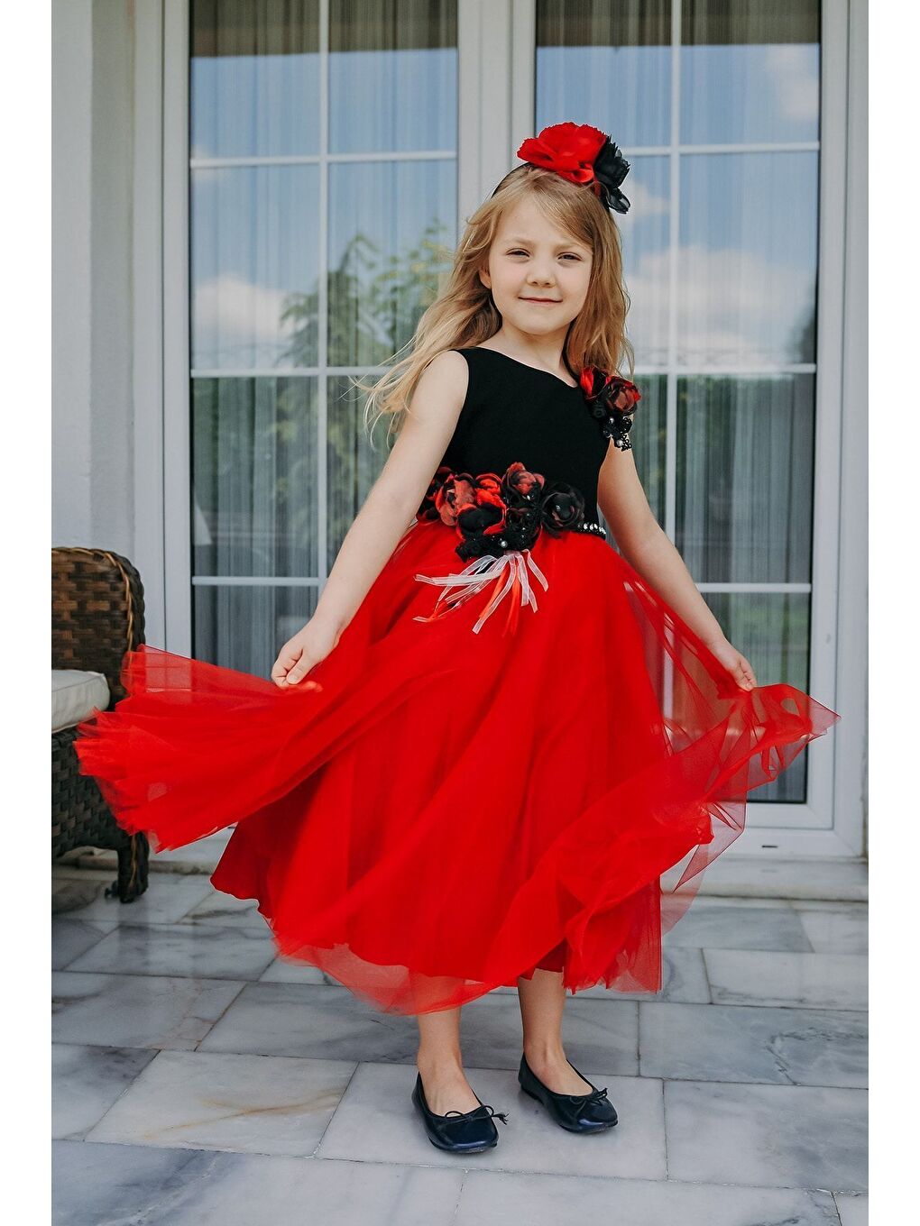 Kırmızı Taç Aksesuarlı, Kız Çocuk Parti Elbisesi, Abiye Elbise_M1919