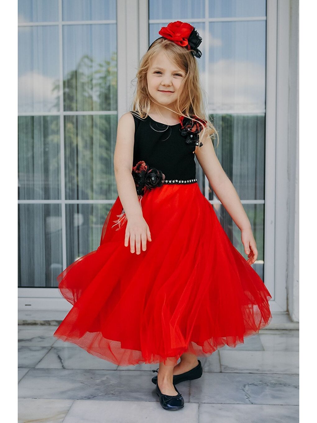Kırmızı Taç Aksesuarlı, Kız Çocuk Parti Elbisesi, Abiye Elbise_M1919-1