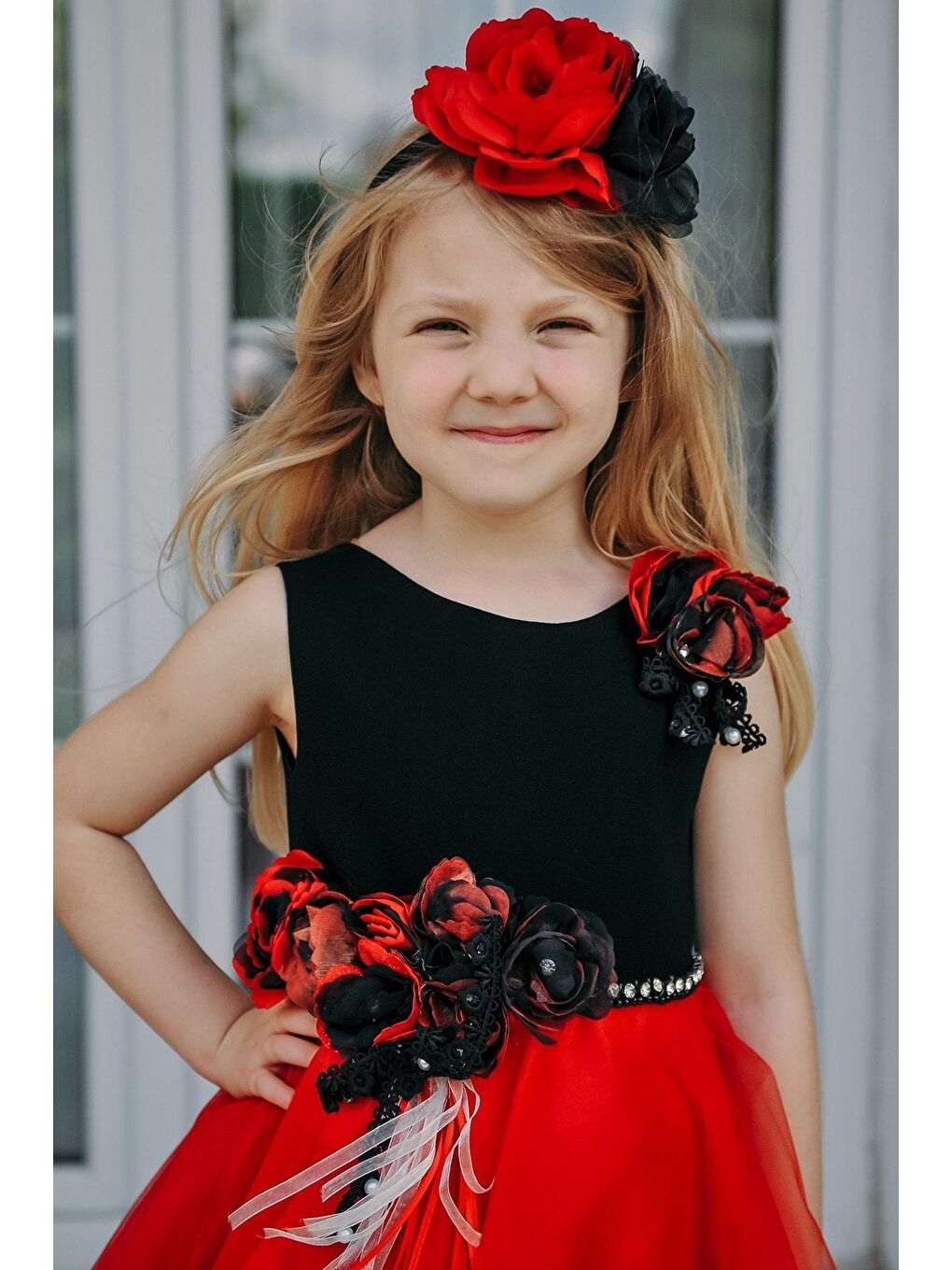 Kırmızı Taç Aksesuarlı, Kız Çocuk Parti Elbisesi, Abiye Elbise_M1919-2