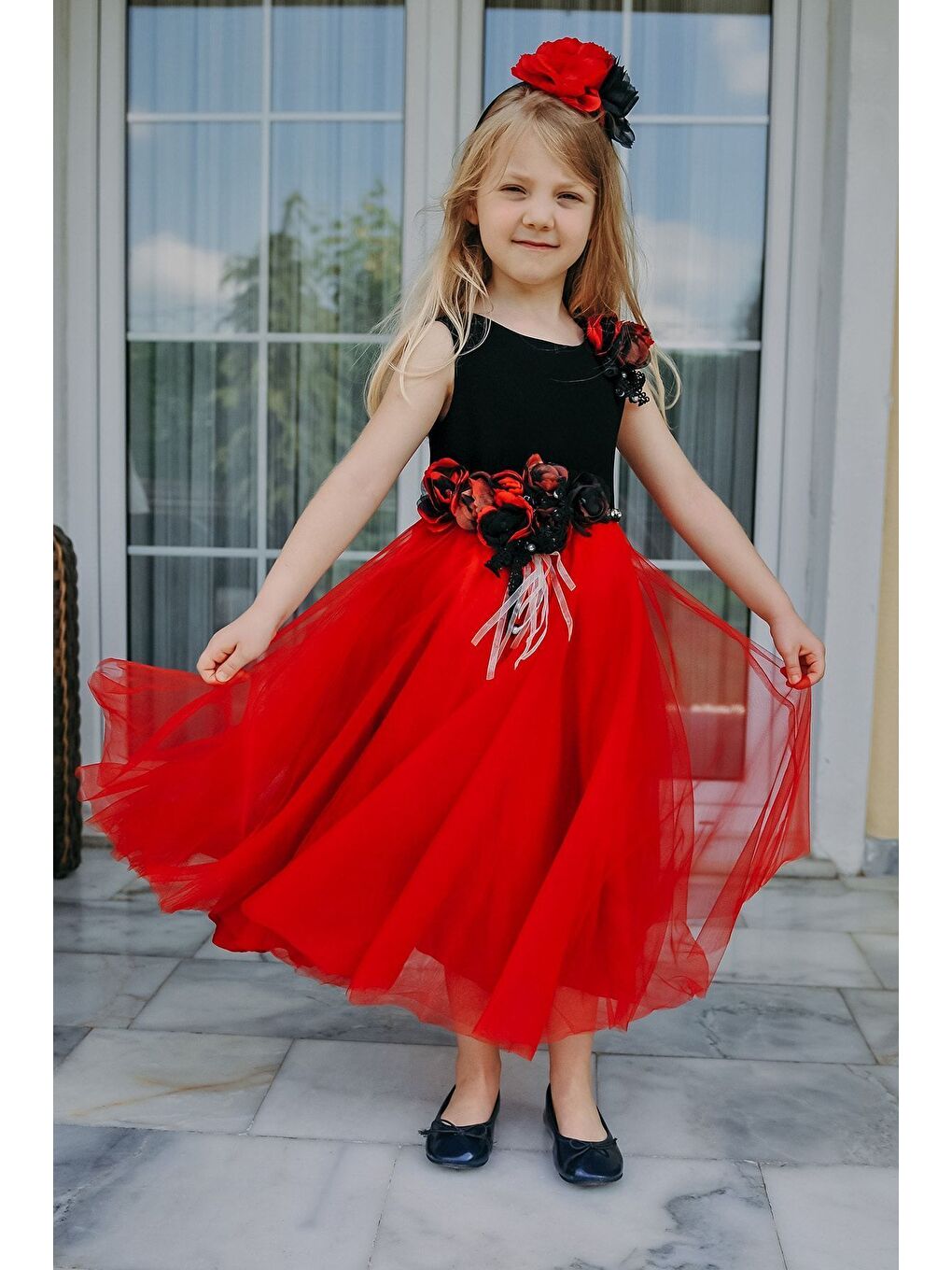 Kırmızı Taç Aksesuarlı, Kız Çocuk Parti Elbisesi, Abiye Elbise_M1919-3