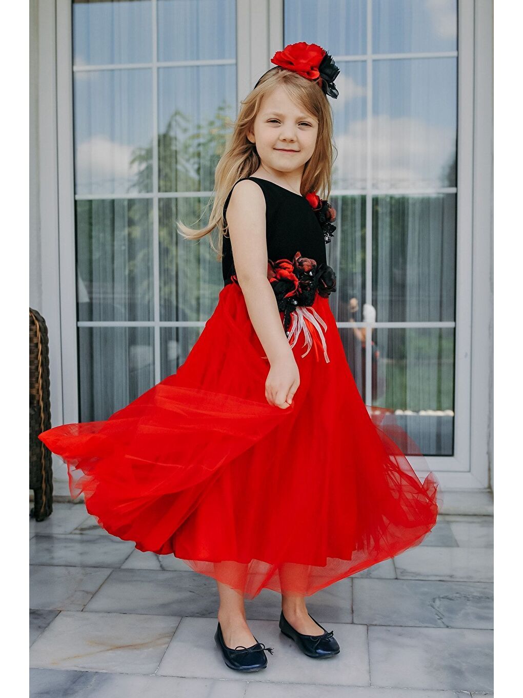 Kırmızı Taç Aksesuarlı, Kız Çocuk Parti Elbisesi, Abiye Elbise_M1919-4