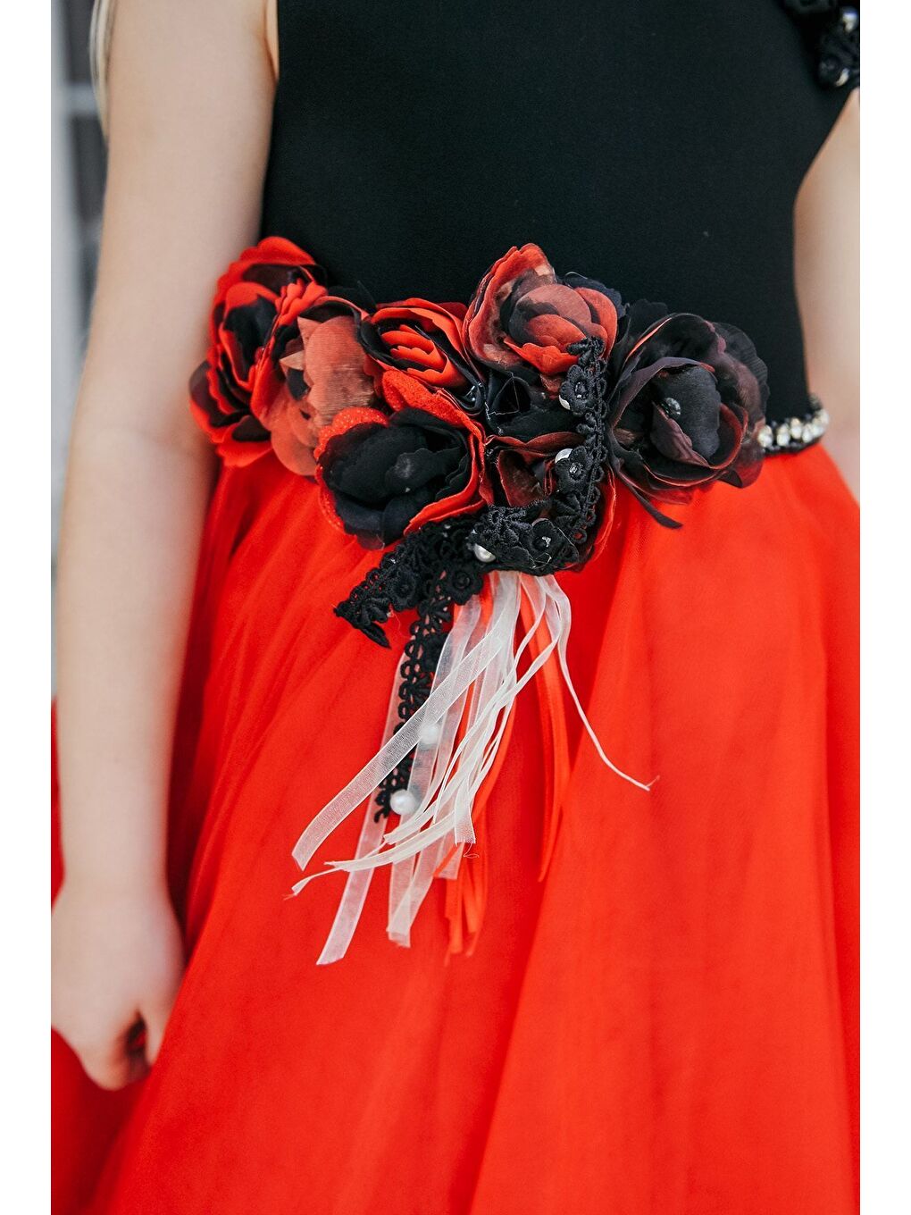 Kırmızı Taç Aksesuarlı, Kız Çocuk Parti Elbisesi, Abiye Elbise_M1919-5