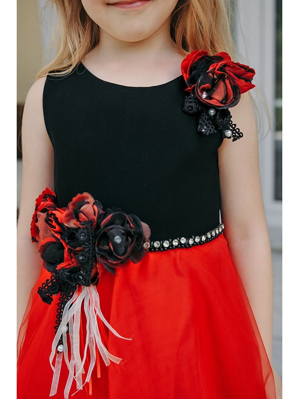 Kırmızı Taç Aksesuarlı, Kız Çocuk Parti Elbisesi, Abiye Elbise_M1919-6