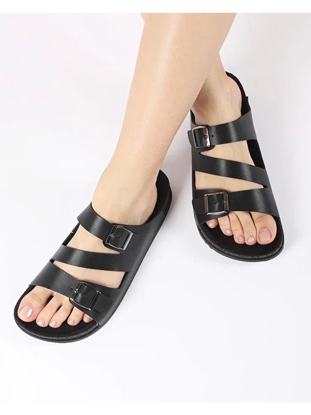 Siyah Kadın Yazlık Çift Tokalı Çapraz Bantlı Terlik - MARUVA-2