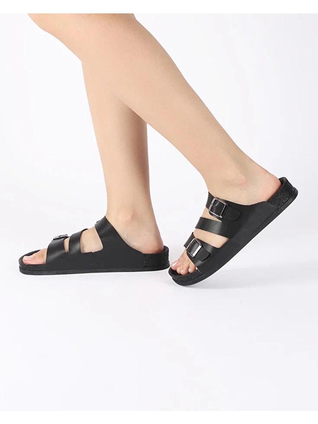 Siyah Kadın Yazlık Çift Tokalı Çapraz Bantlı Terlik - MARUVA-3