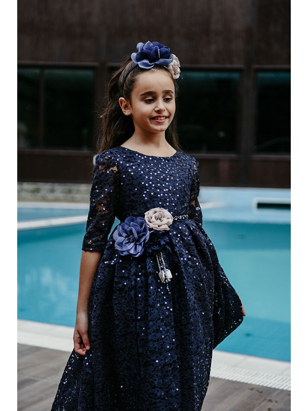 Lacivert Payetli Taç Aksesuarlı Kız Çocuk Abiye, Doğum Günü Elbisesi, Yılbaşı Parti Elbisesi_M2002-1