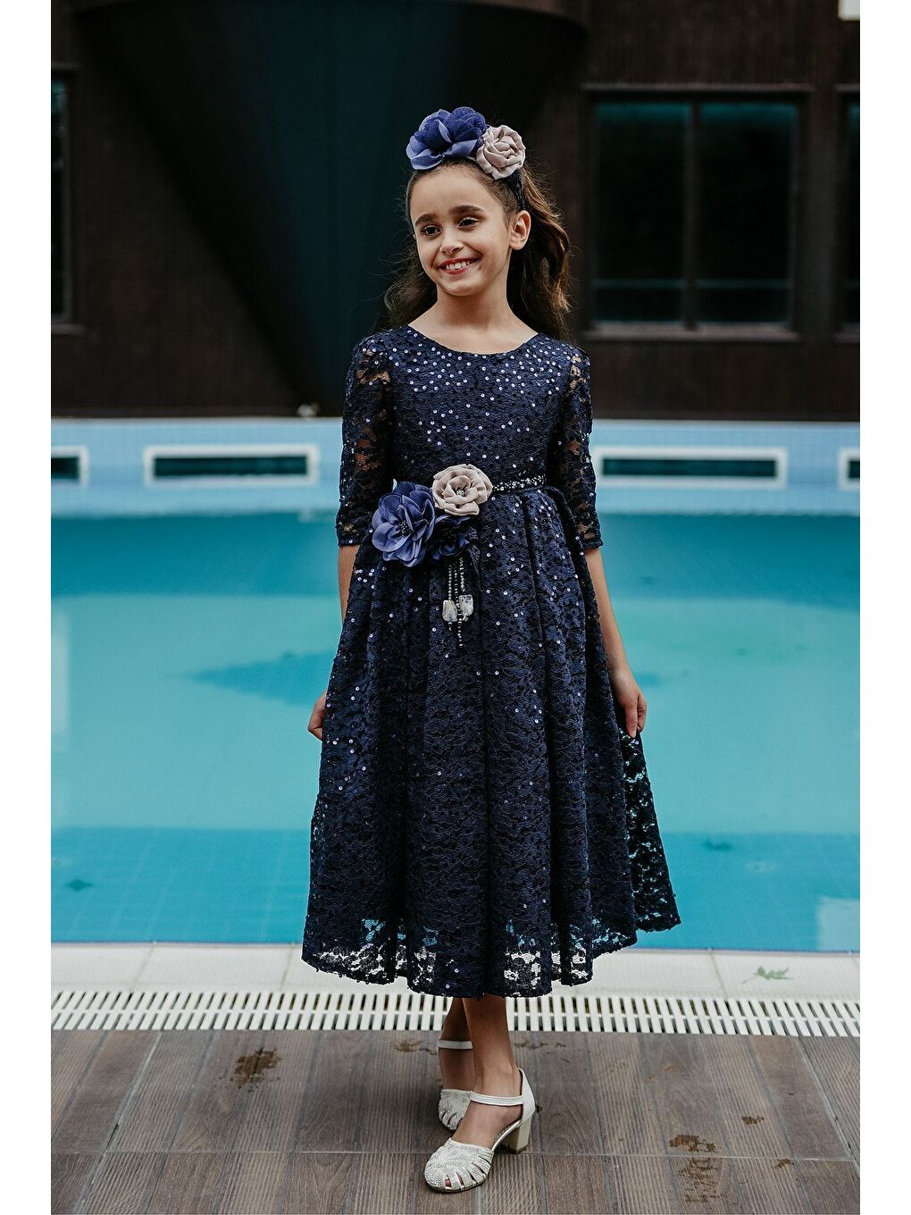 Lacivert Payetli Taç Aksesuarlı Kız Çocuk Abiye, Doğum Günü Elbisesi, Yılbaşı Parti Elbisesi_M2002-2