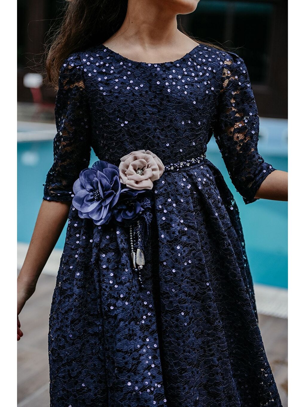 Lacivert Payetli Taç Aksesuarlı Kız Çocuk Abiye, Doğum Günü Elbisesi, Yılbaşı Parti Elbisesi_M2002-3