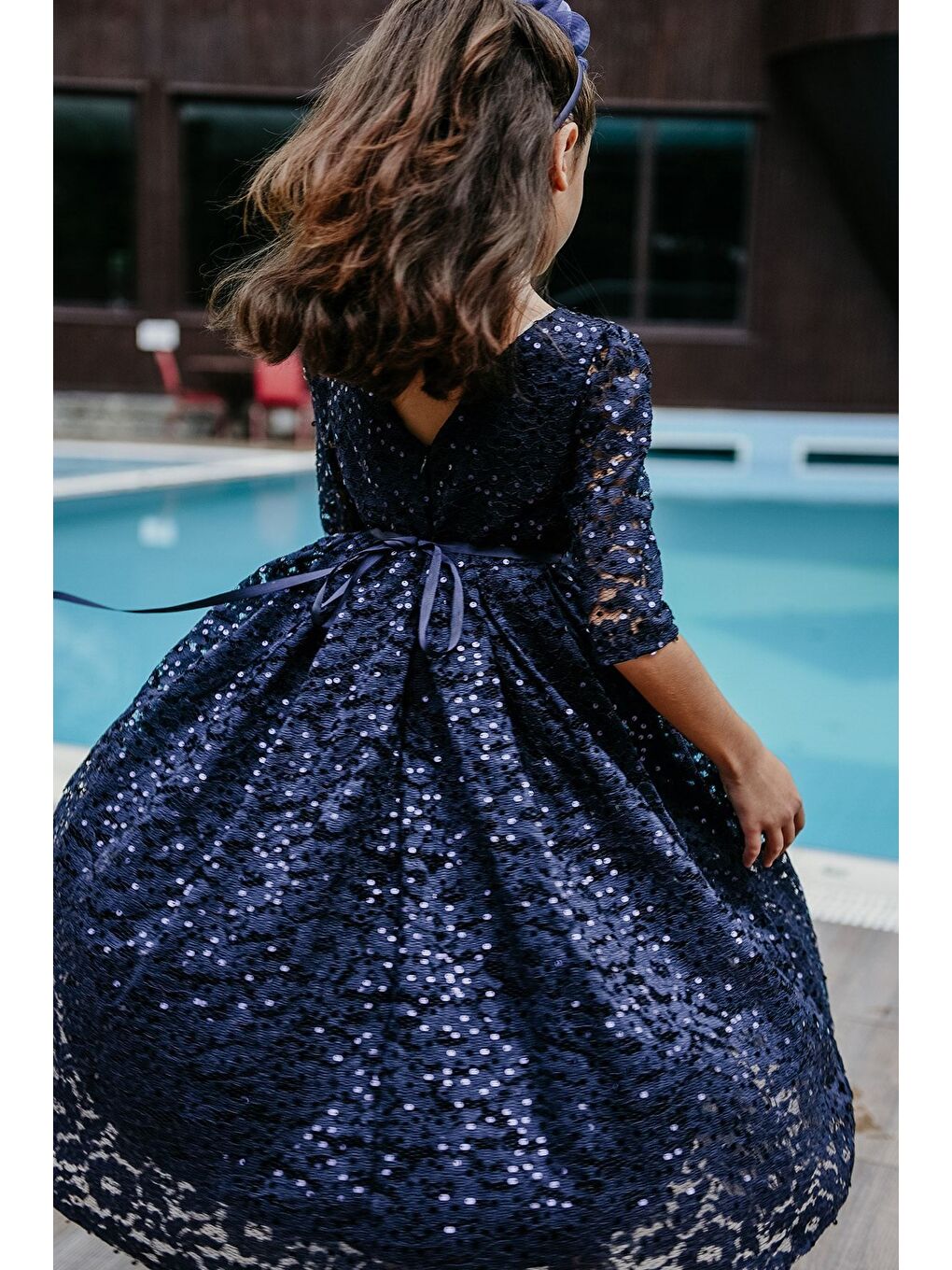 Lacivert Payetli Taç Aksesuarlı Kız Çocuk Abiye, Doğum Günü Elbisesi, Yılbaşı Parti Elbisesi_M2002-4