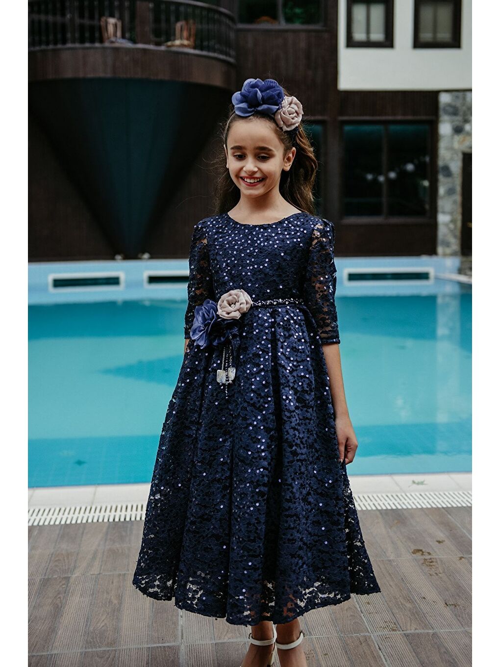 Lacivert Payetli Taç Aksesuarlı Kız Çocuk Abiye, Doğum Günü Elbisesi, Yılbaşı Parti Elbisesi_M2002-6
