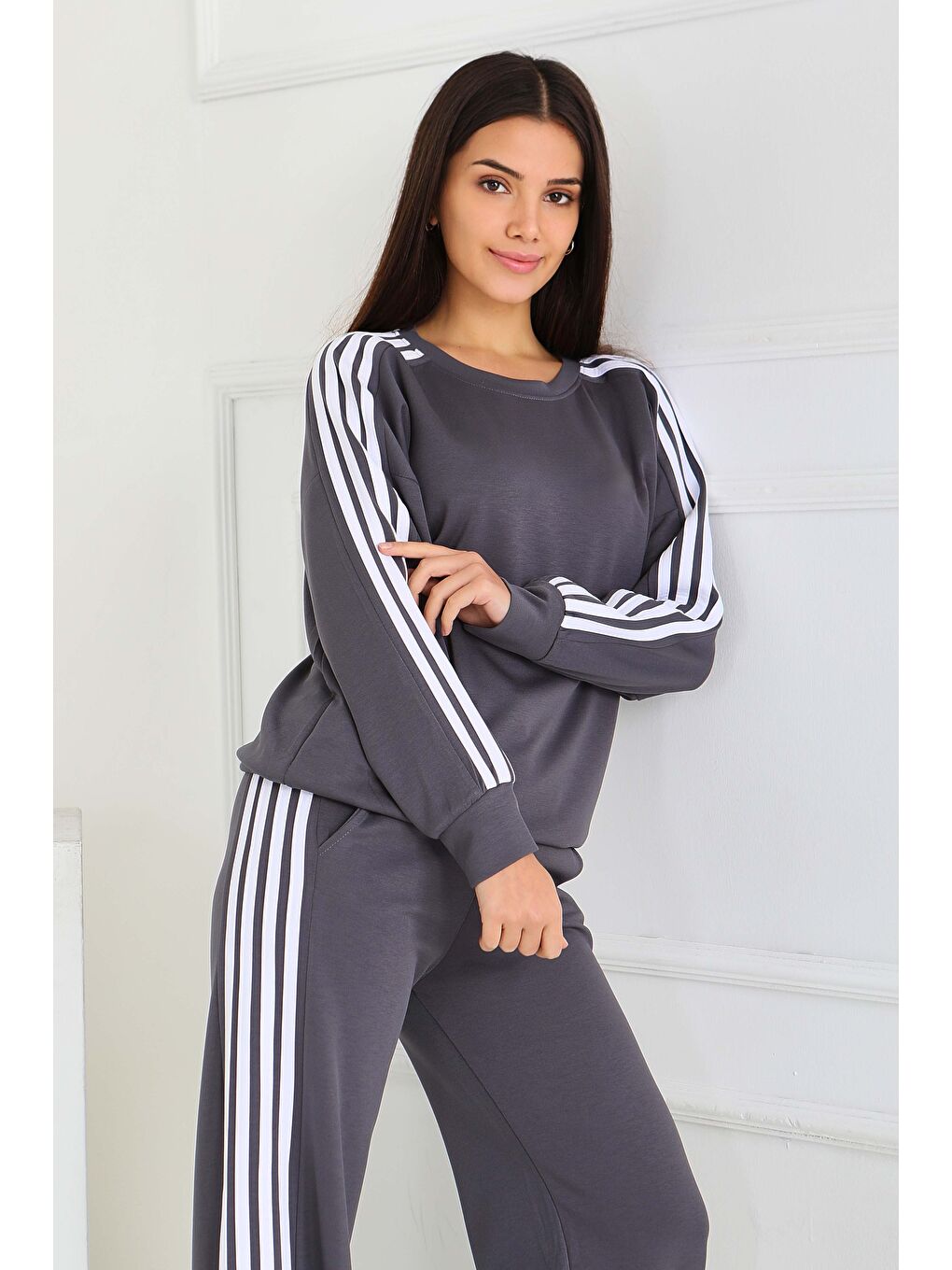 Gri 4 Şerit Detaylı Modal İkili Takım Füme - 27871-FUME-2