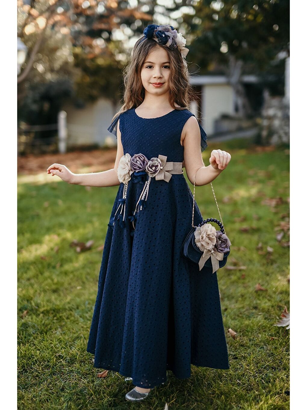 Lacivert Özel Tasarım Kız Çocuk Elbise, Çantalı Ve Taçlı, Sırt Detaylı Elbise, Doğum Günü Elbisesi_M2037-1