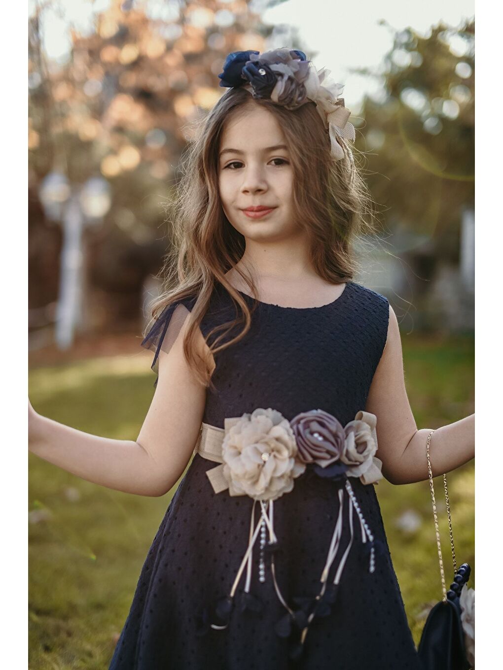 Lacivert Özel Tasarım Kız Çocuk Elbise, Çantalı Ve Taçlı, Sırt Detaylı Elbise, Doğum Günü Elbisesi_M2037-2