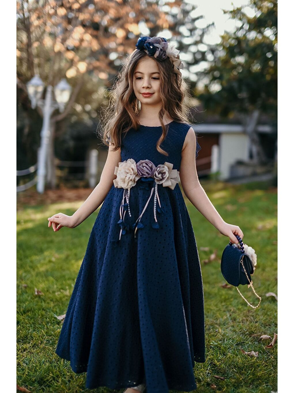 Lacivert Özel Tasarım Kız Çocuk Elbise, Çantalı Ve Taçlı, Sırt Detaylı Elbise, Doğum Günü Elbisesi_M2037-3