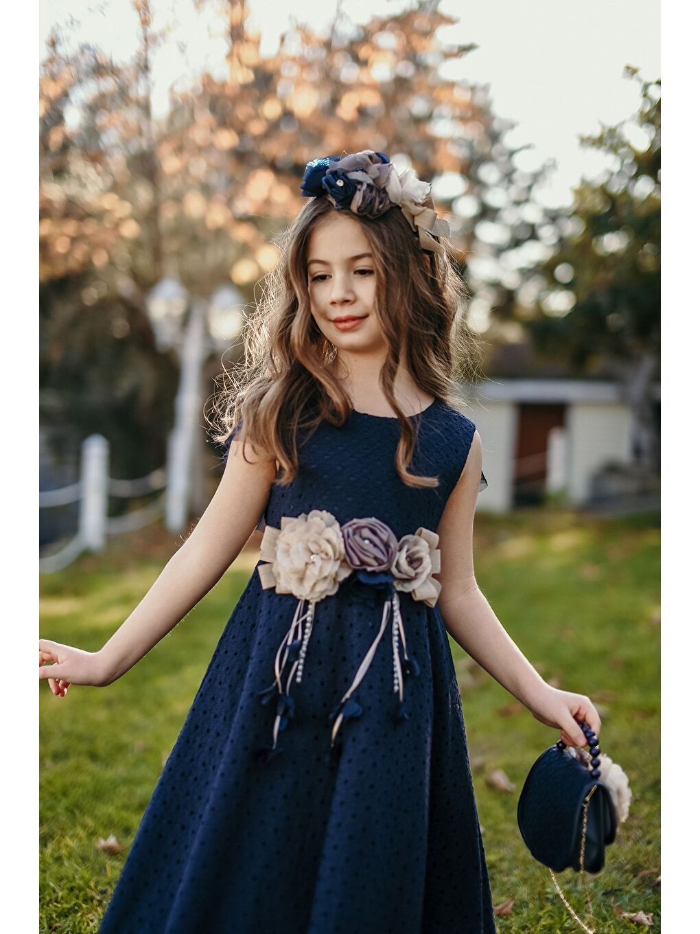 Lacivert Özel Tasarım Kız Çocuk Elbise, Çantalı Ve Taçlı, Sırt Detaylı Elbise, Doğum Günü Elbisesi_M2037-4